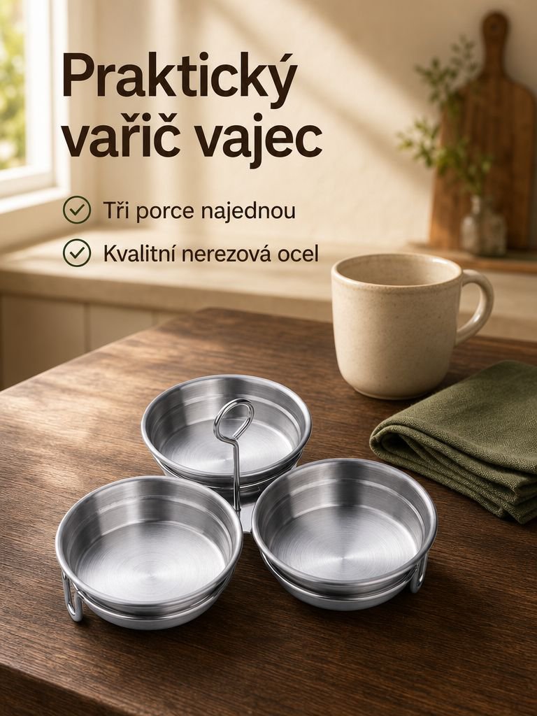 Třív&nbsp;jednom nerezový napařovač vajec