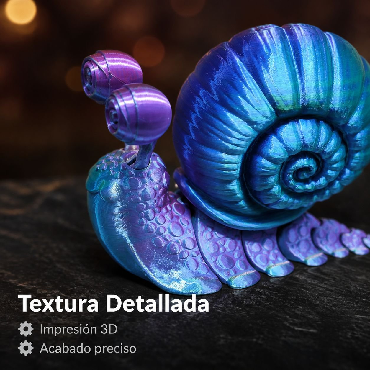 Figura de caracol articulado impresa en 3D para escritorio