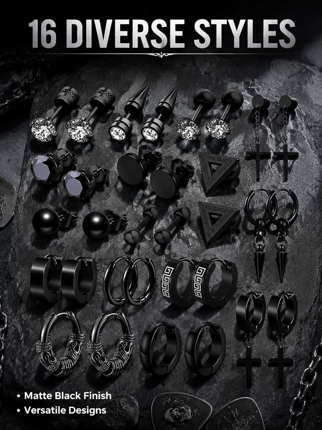 16pairs Men's Stainless Steel Stud Earrings, Simple Hoop Earrings