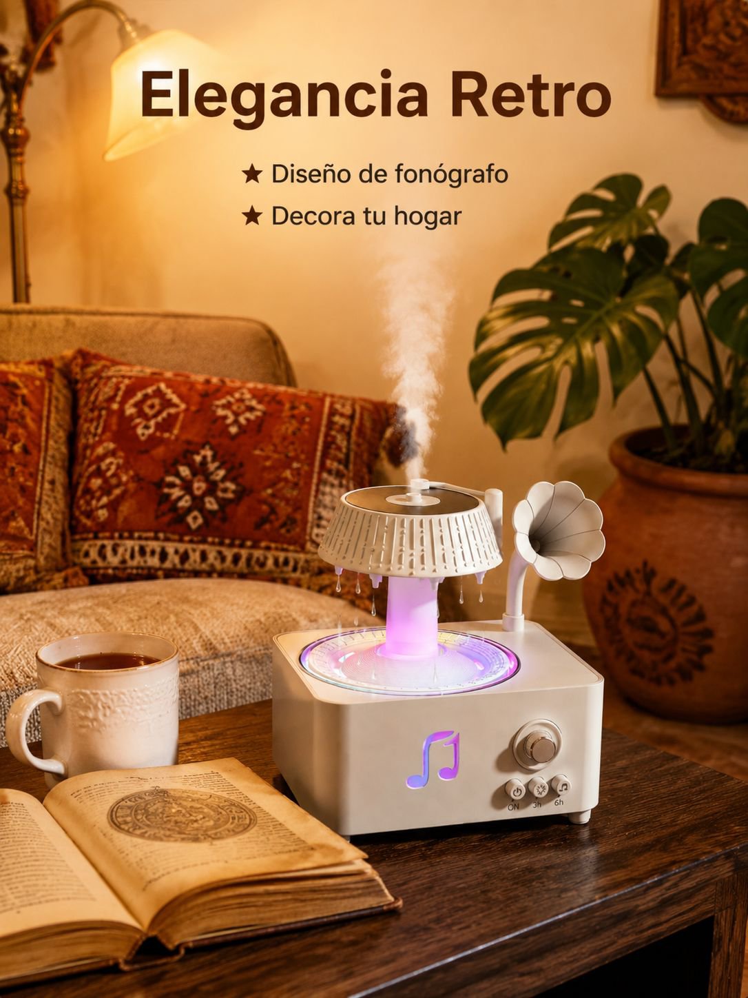 Difusor humidificador retro tipo fonógrafo con control remoto y luz de siete colores para el hogar