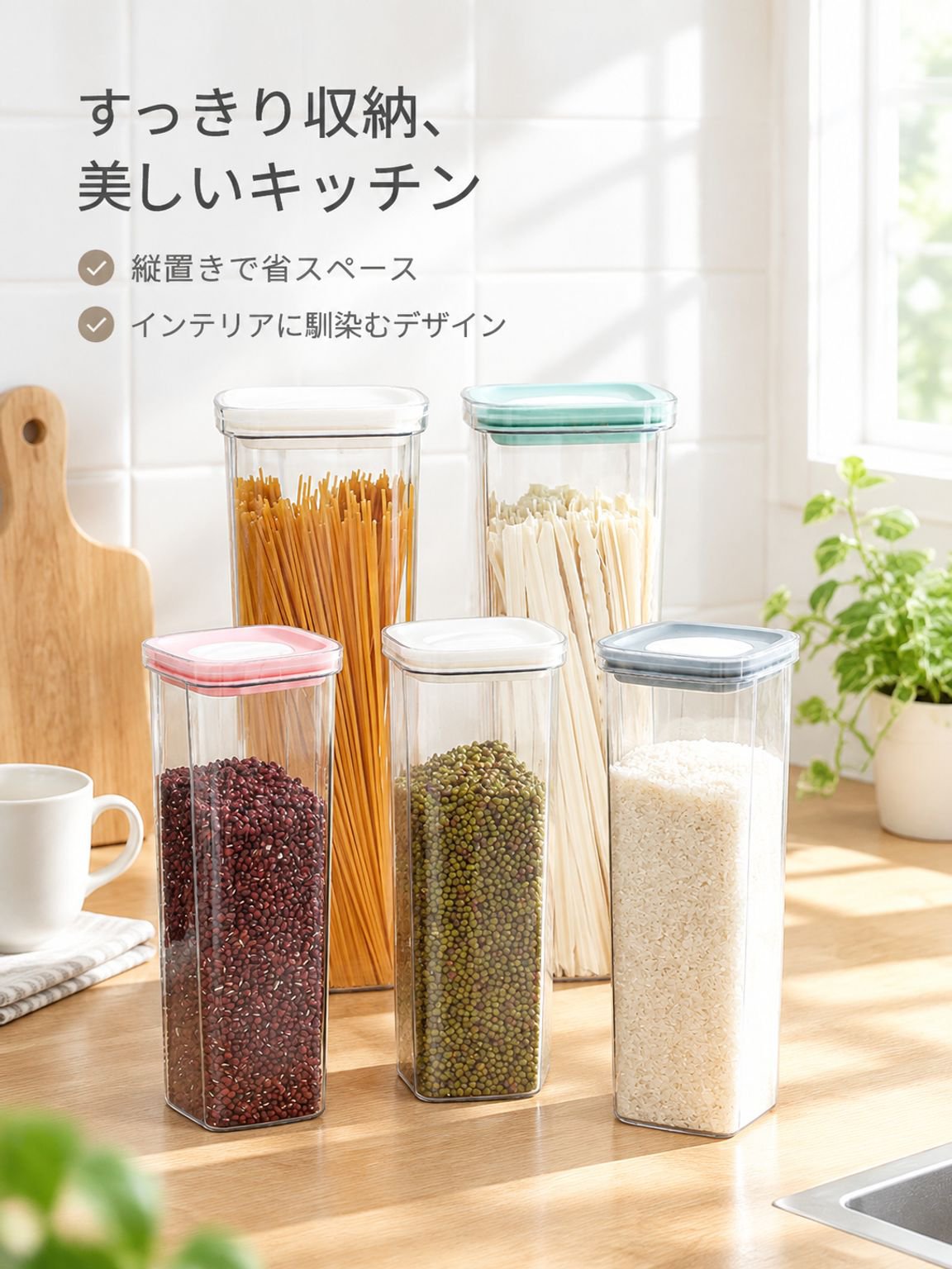 密閉パスタ・穀物保存容器の側面ビュー