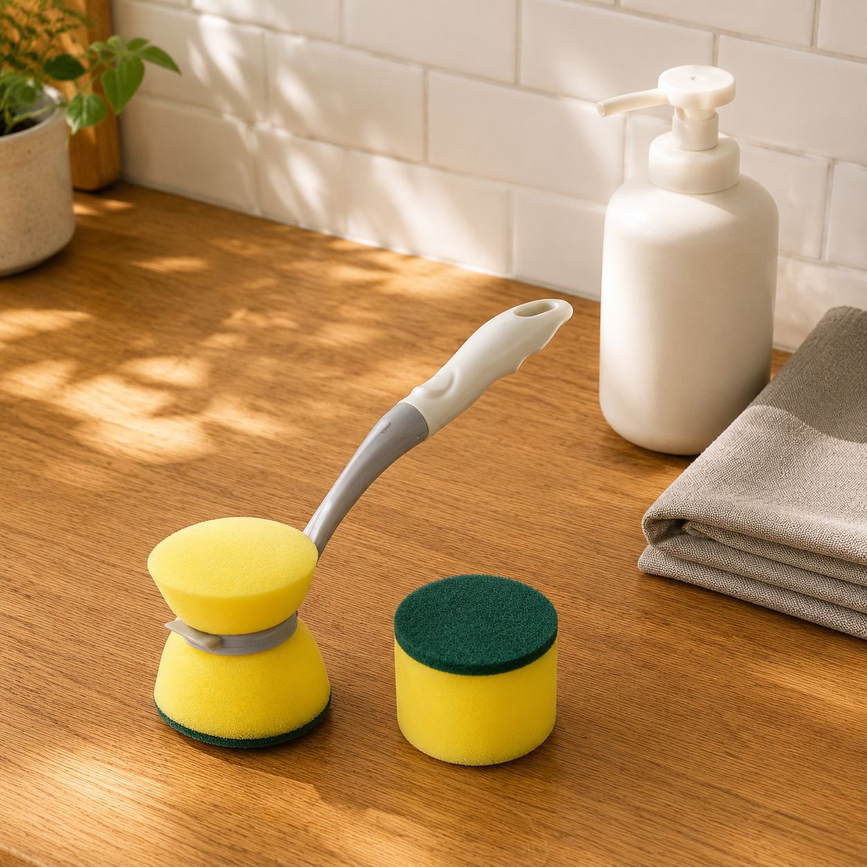 User holding long handle sponge brush while cleaning dishes