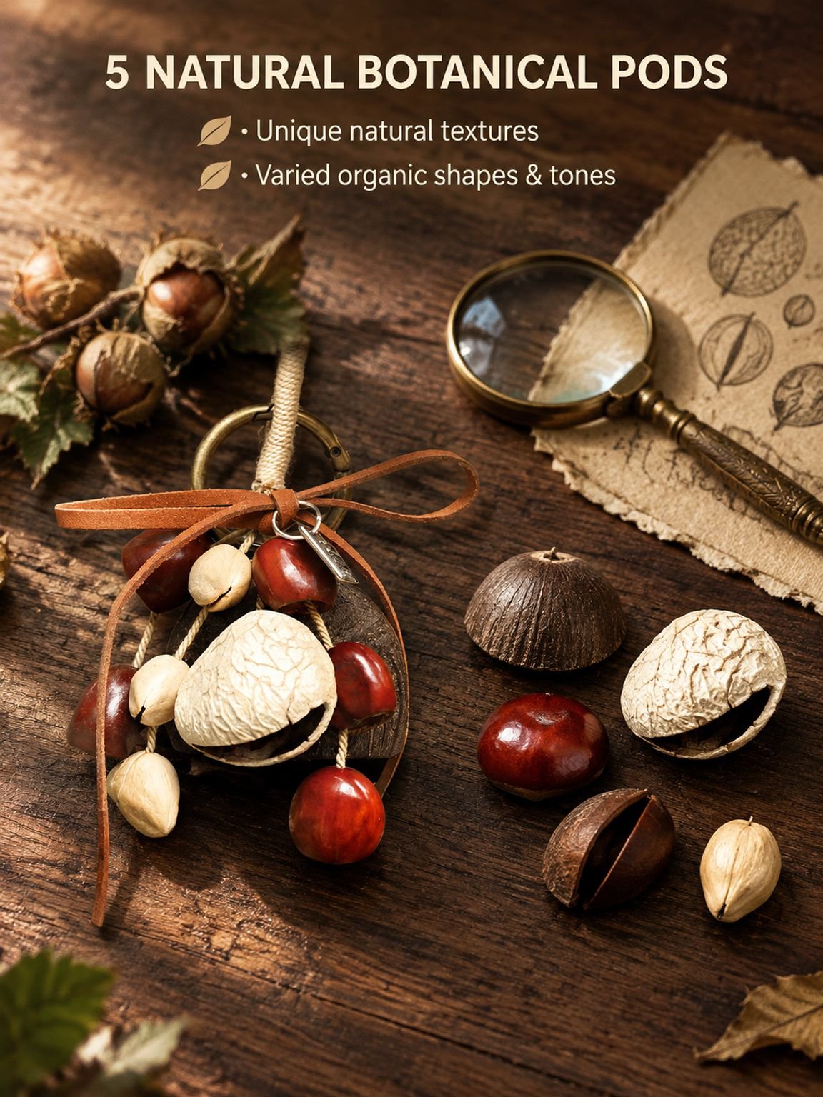 Close-up of natural nut shells and seeds in the wind chime craft kit