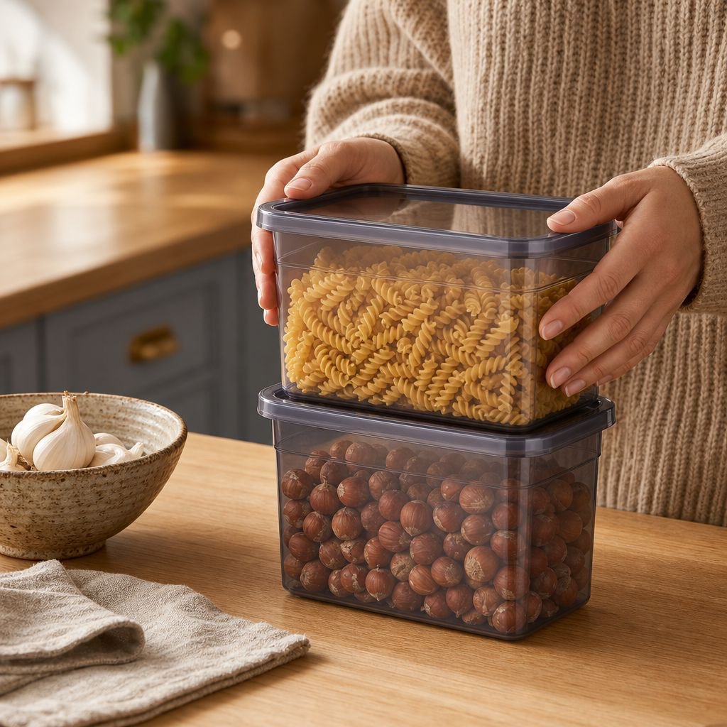 Plastic handle fridge bin for easy access and organization