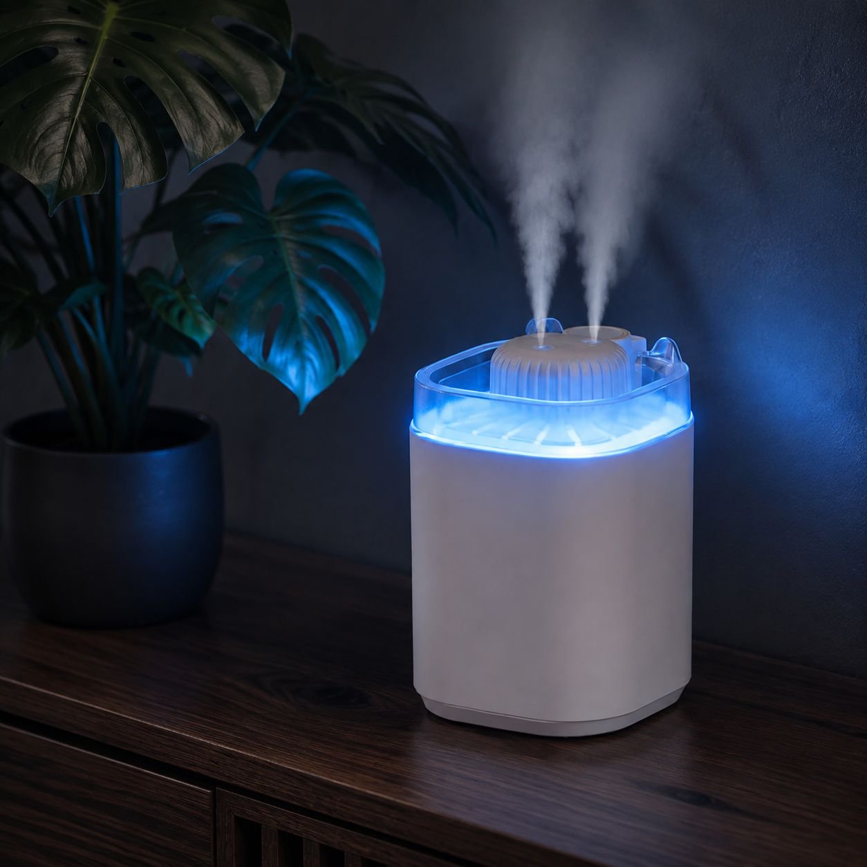 Triple spray nozzle humidifier with stylish lighting