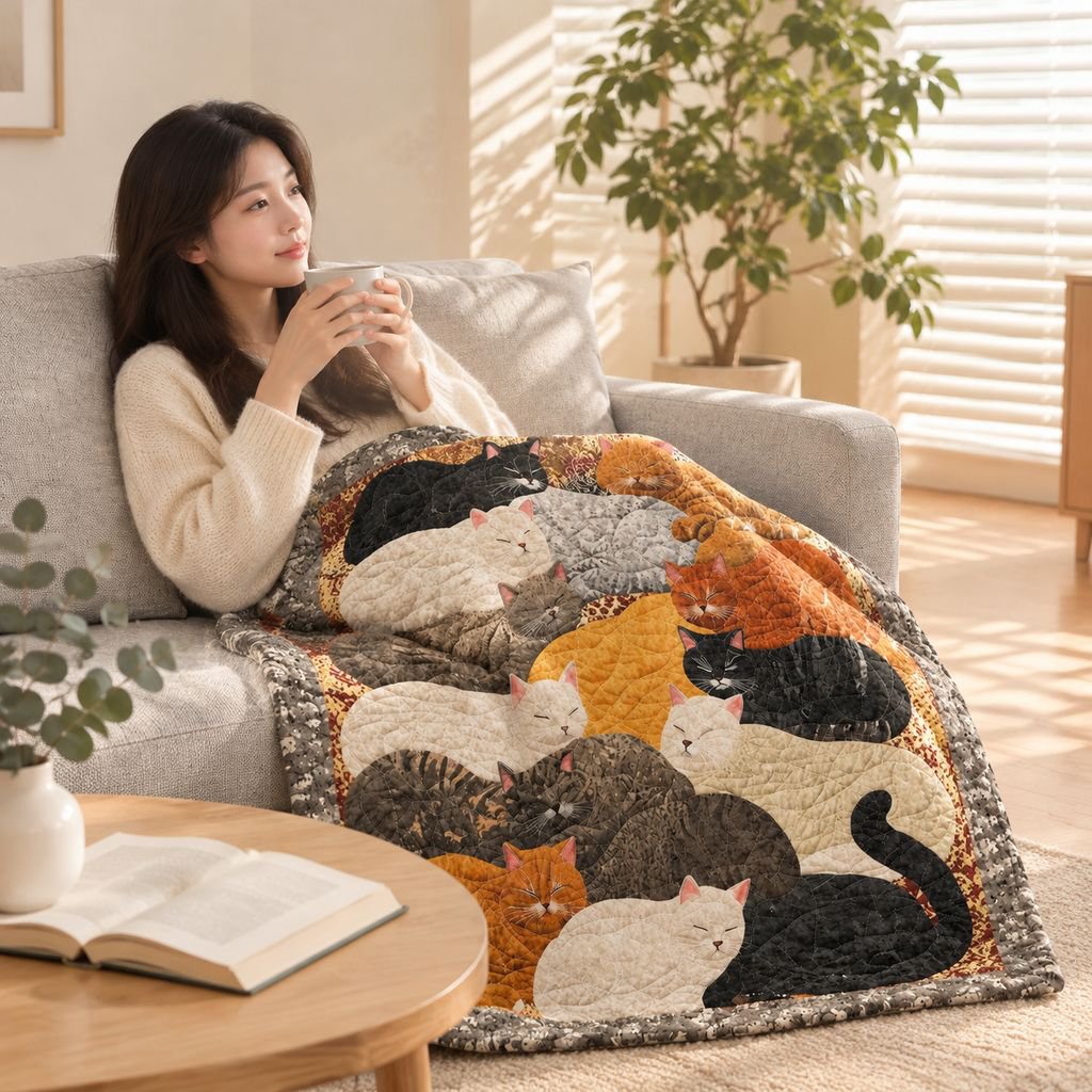 寝ている子供にかけた猫柄お昼寝ブランケット