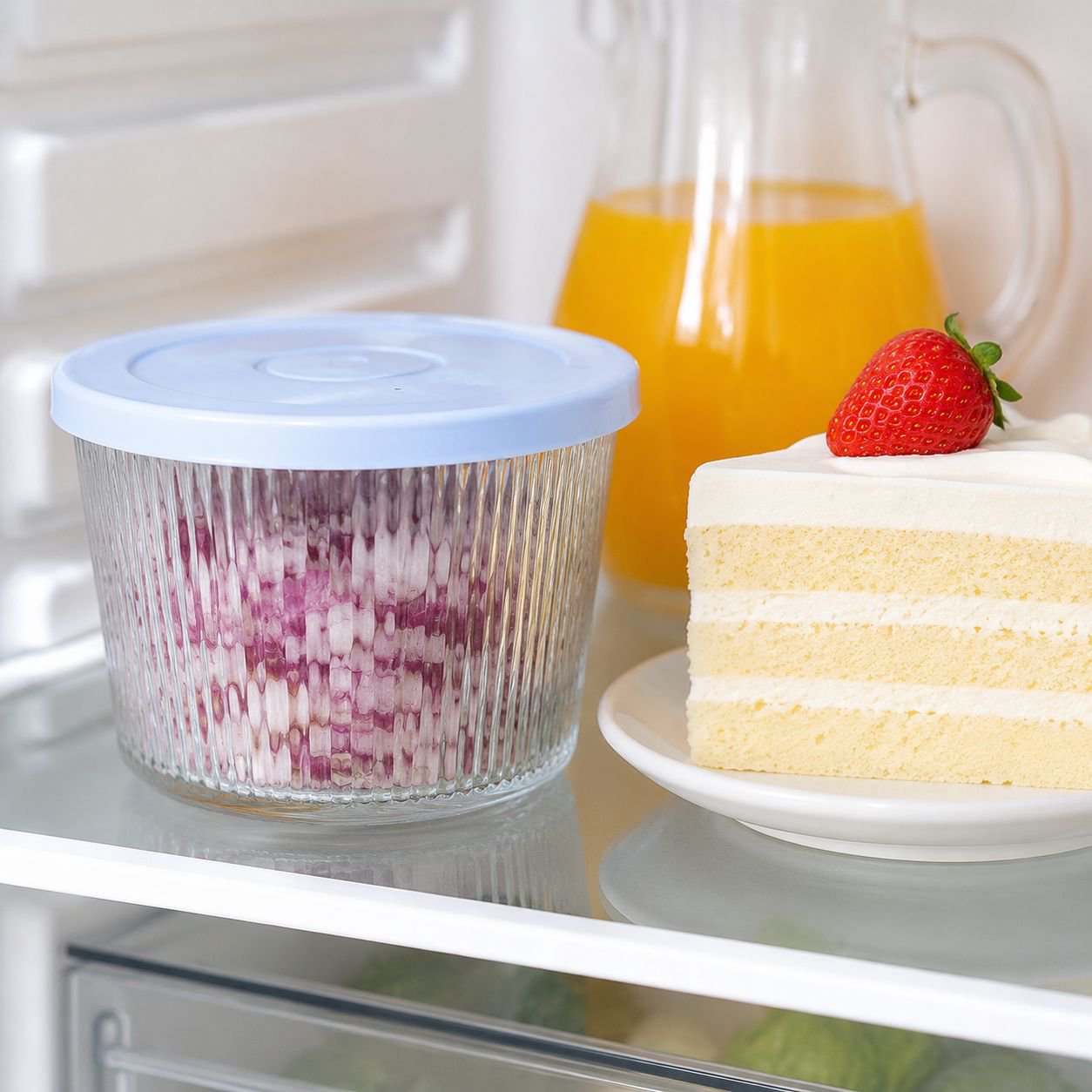 Household Refrigerator Compatible, Lidded Vertical Stripe Round Glass Food Container
