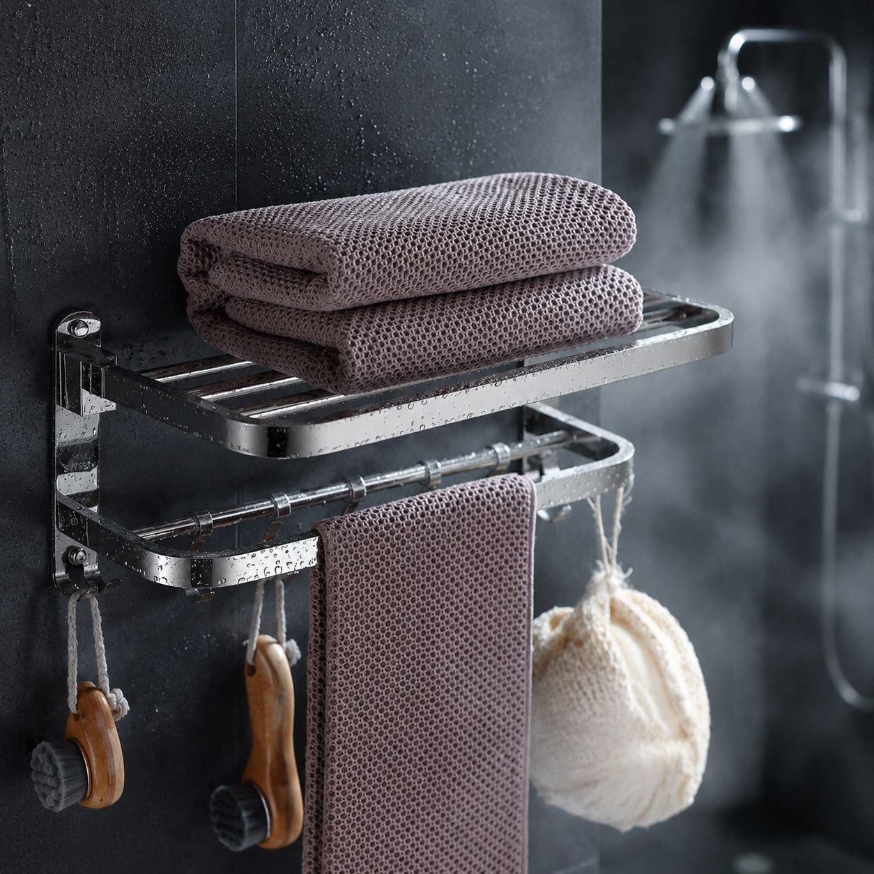 High quality bathroom towel shelf closeup