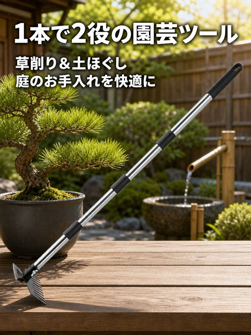 土をほぐしたり、雑草を取り除いたり、ガーデニングをするための、両面使える万能鍬、除草熊手、家庭用園芸道具。