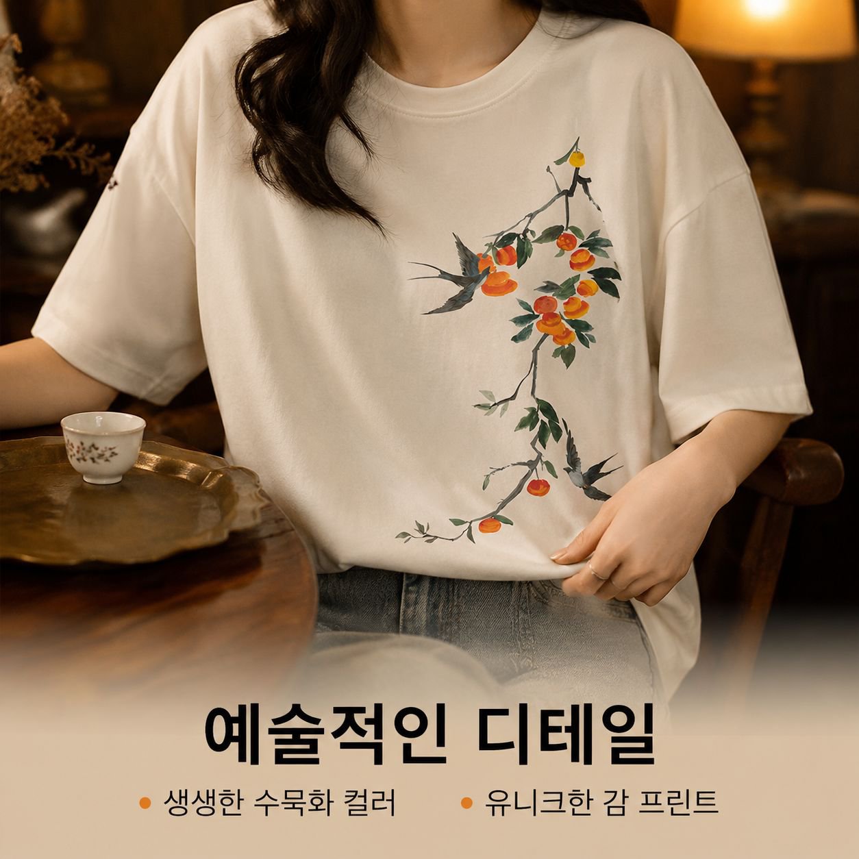 기질 있는 화이트 빅사이즈 여성 박시 프린트 반팔 티 상의