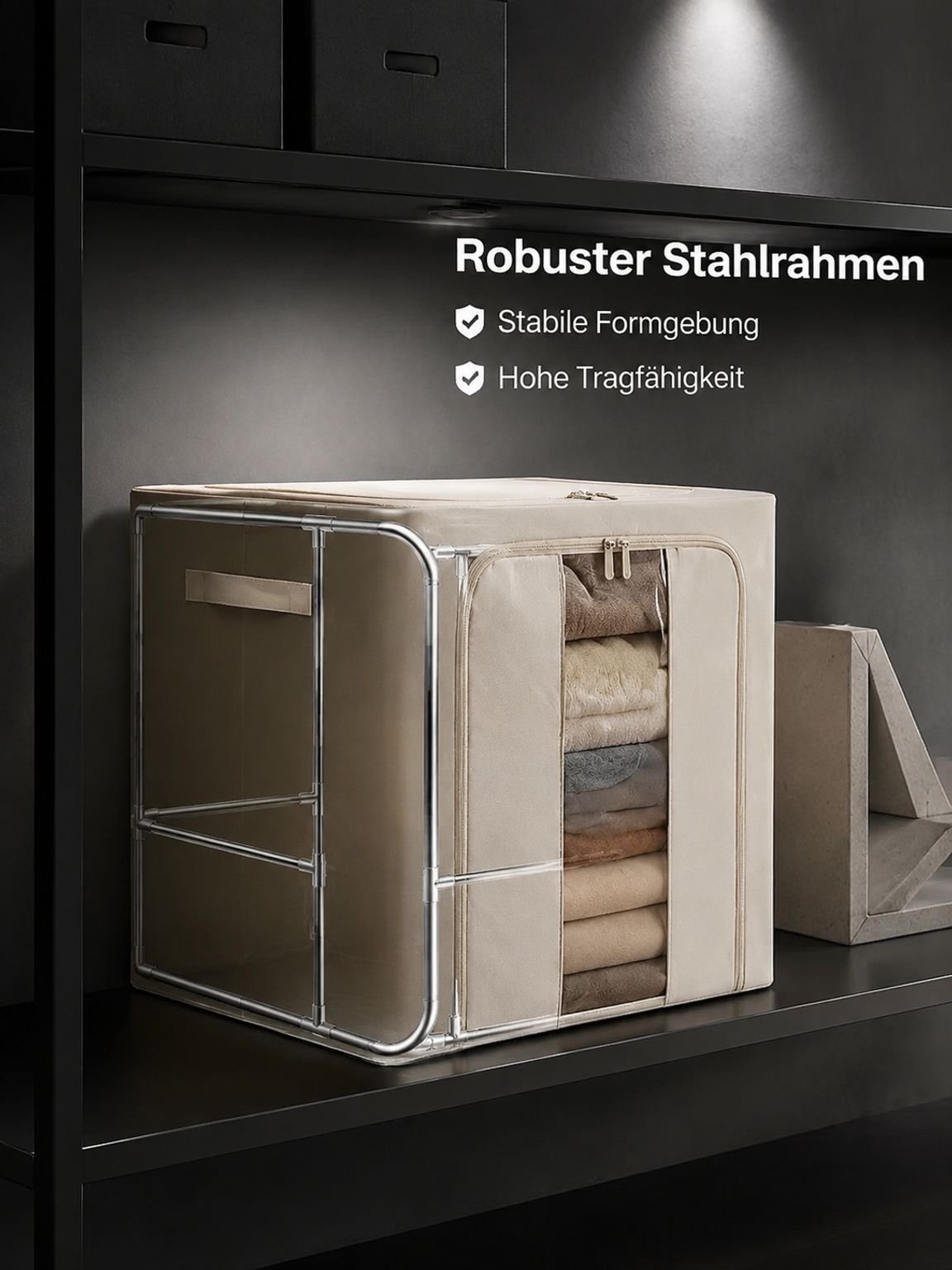 Aufbewahrungsbox mit Stahlrahmen, aus Baumwolle und Leinen, feuchtigkeitsbeständig.