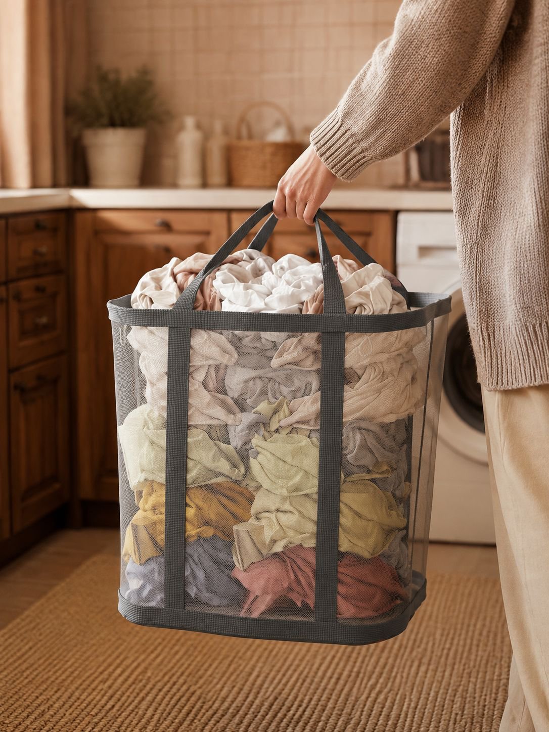 Space-saving laundry hamper folded flat for easy storage