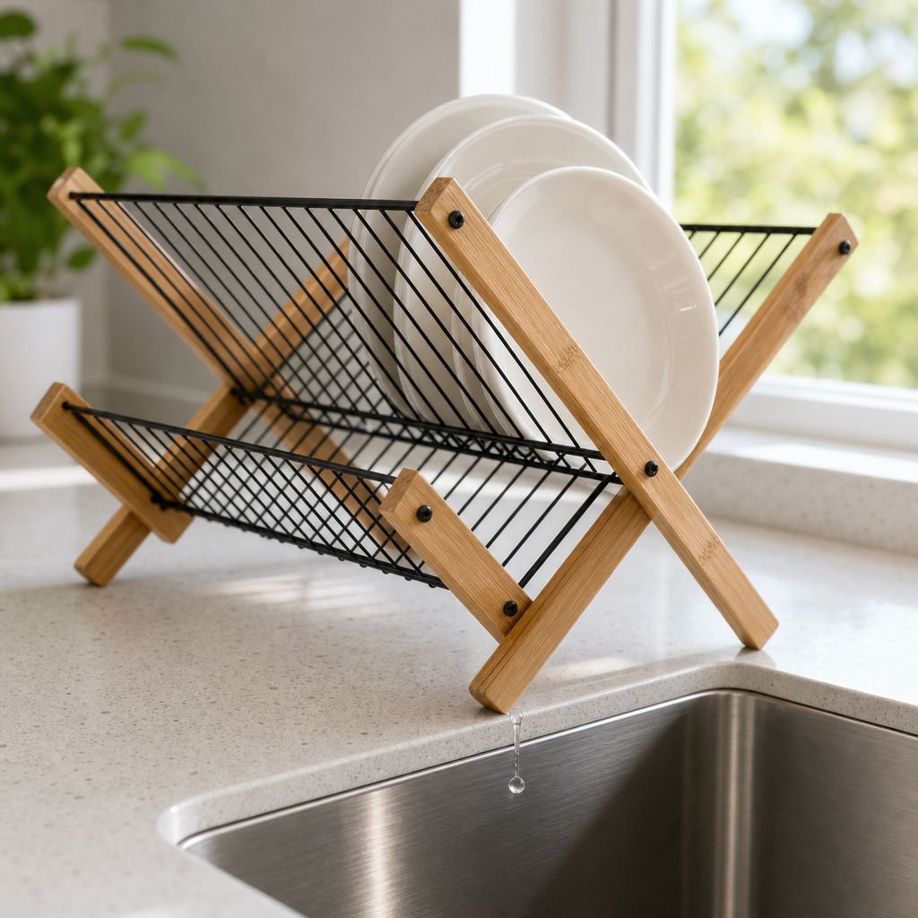 Dish rack for kitchen counter with eco-friendly bamboo