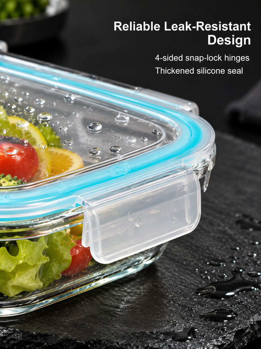 Divided glass lunch container filled with a prepared meal
