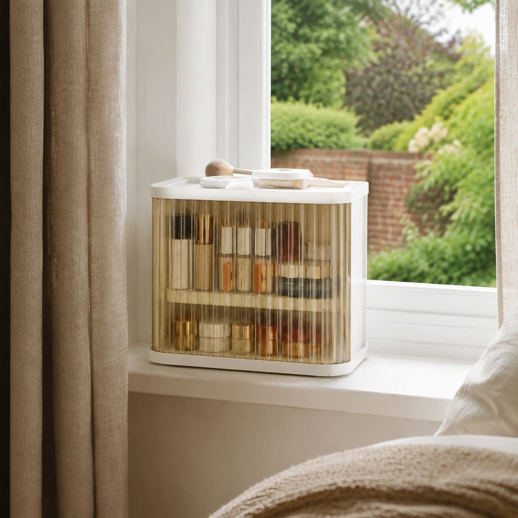 Elegant vanity table organizer cabinet in a bedroom setting
