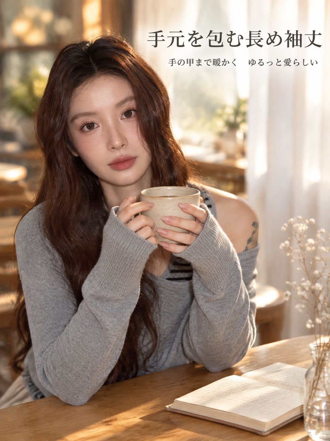 灰色斜肩露肩挂脖吊带两件套针织衫