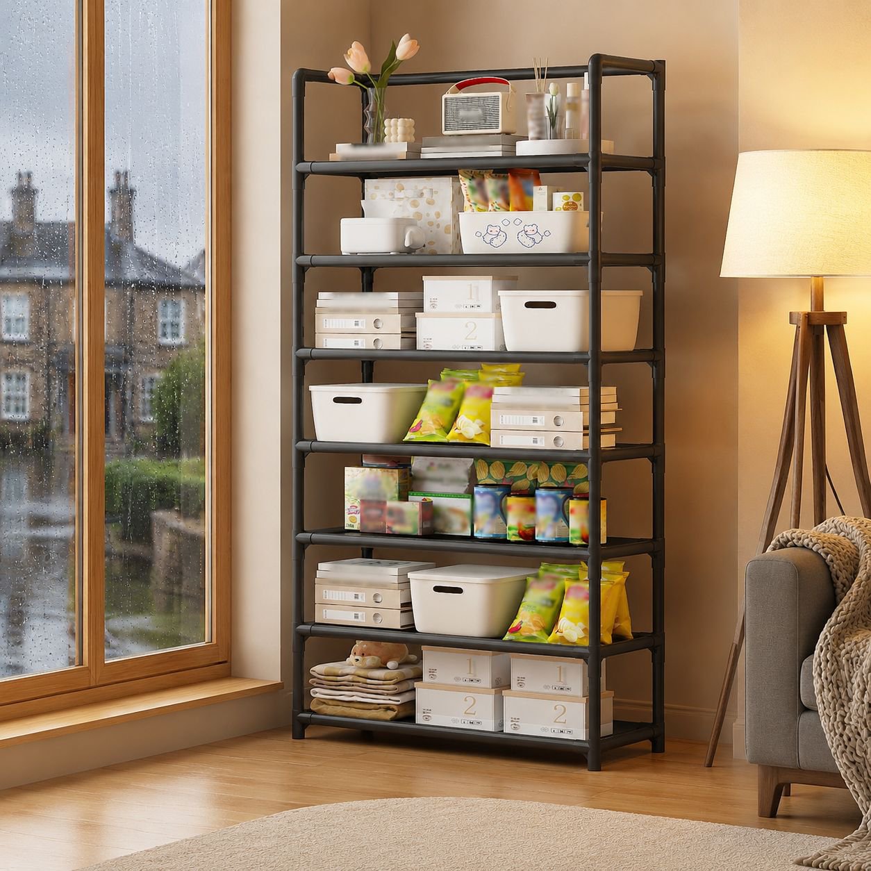 Organizer shelf storing spices and condiments