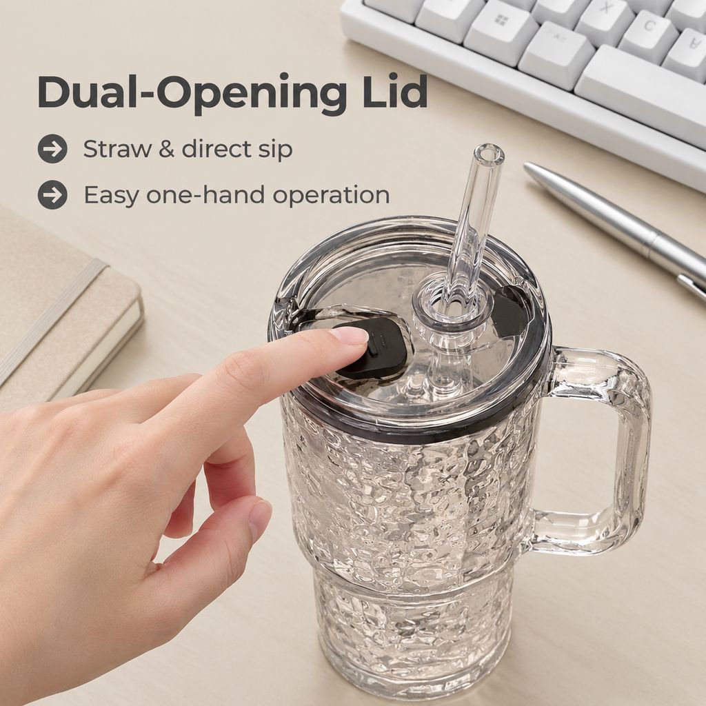 Portable Large Glass Cup with Straw and Handle