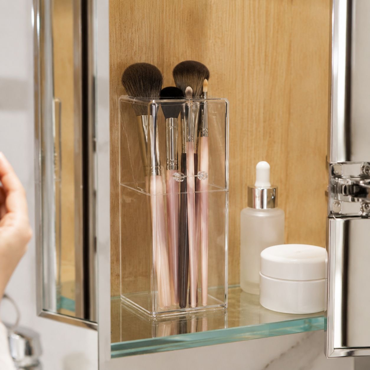 Transparent Square Makeup Brush Storage Box with Mirror, Flip Top Acrylic Desk Organizer