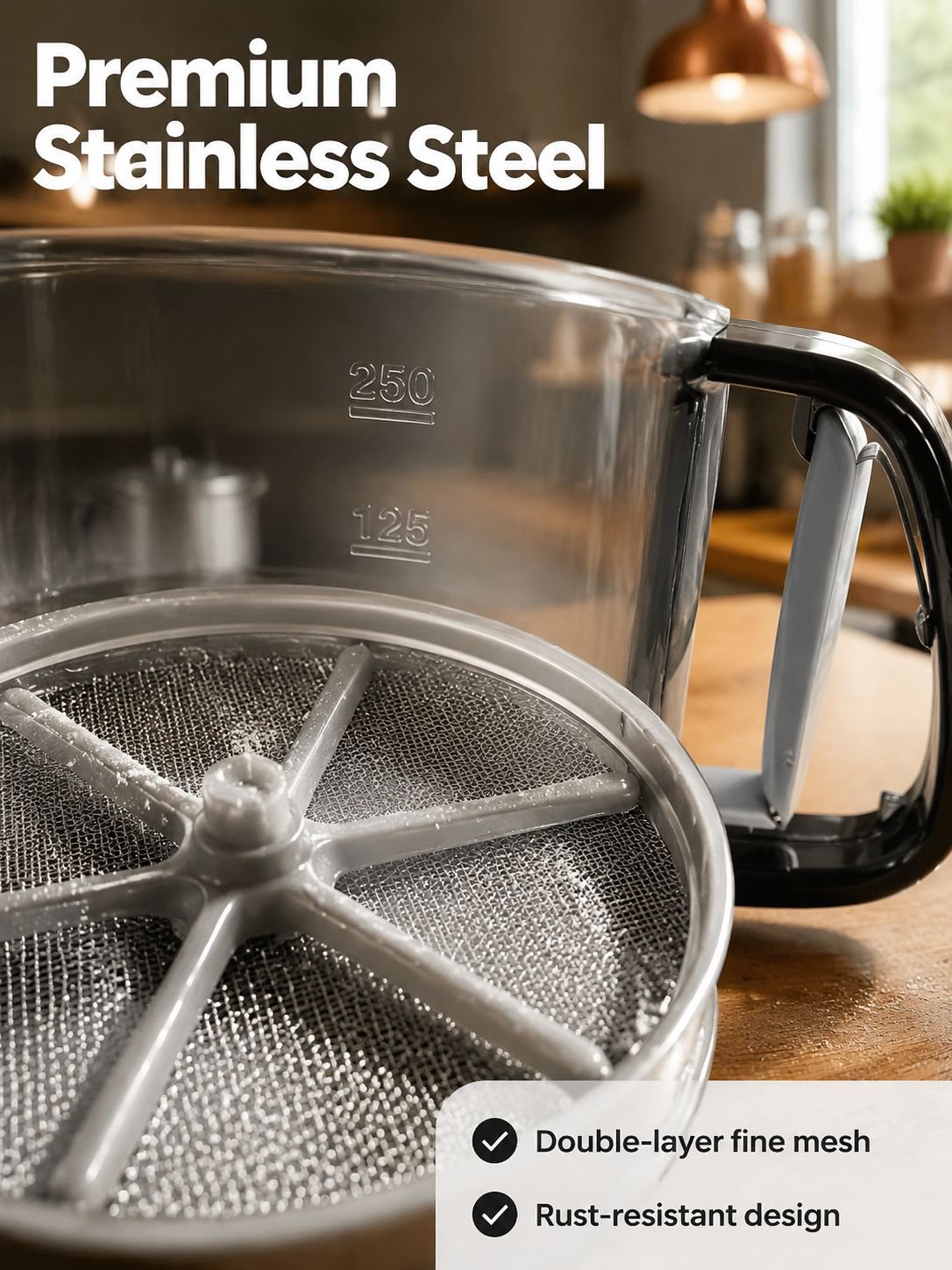 Close-up of the mesh in a handheld flour sieve
