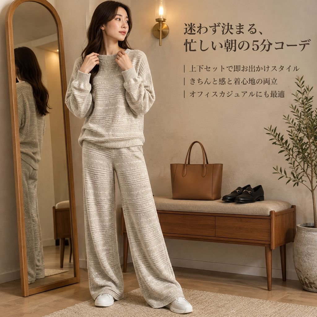 レディース 秋冬 リブニット セットアップ 長袖トップス ワイドパンツ 2点セット カジュアル