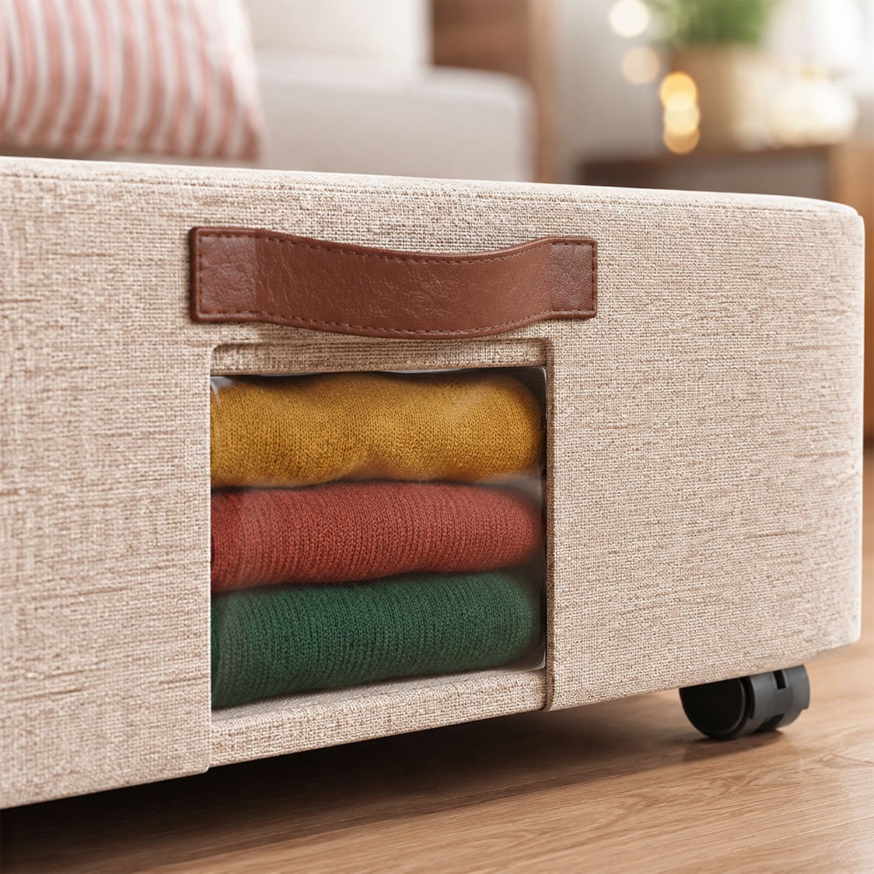 Eco Cotton Linen Under-Bed Storage Bin with Wheels and Lid, Mobile Organizer