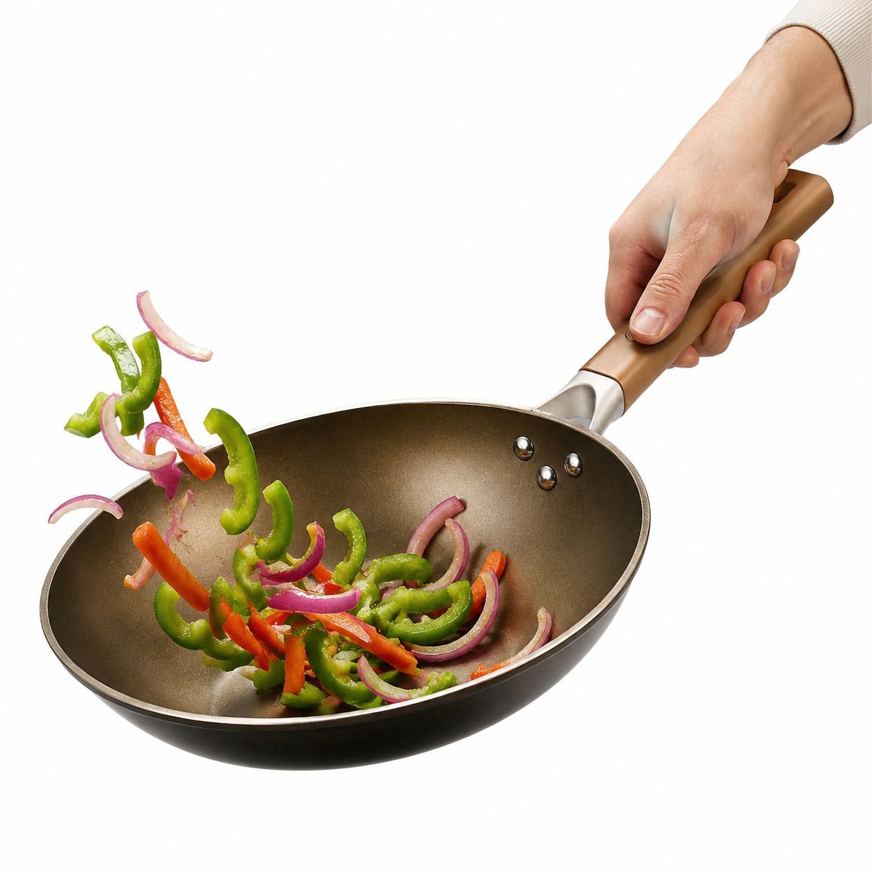 Oven safe titanium frying pan with food