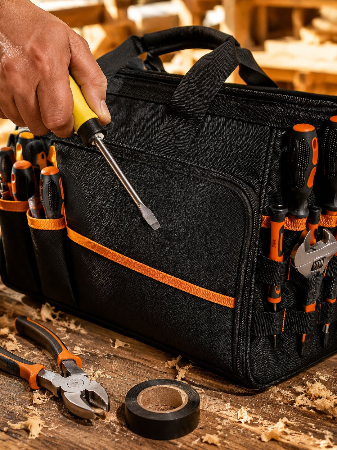 Men's heavy-duty tool bag featuring multiple storage compartments