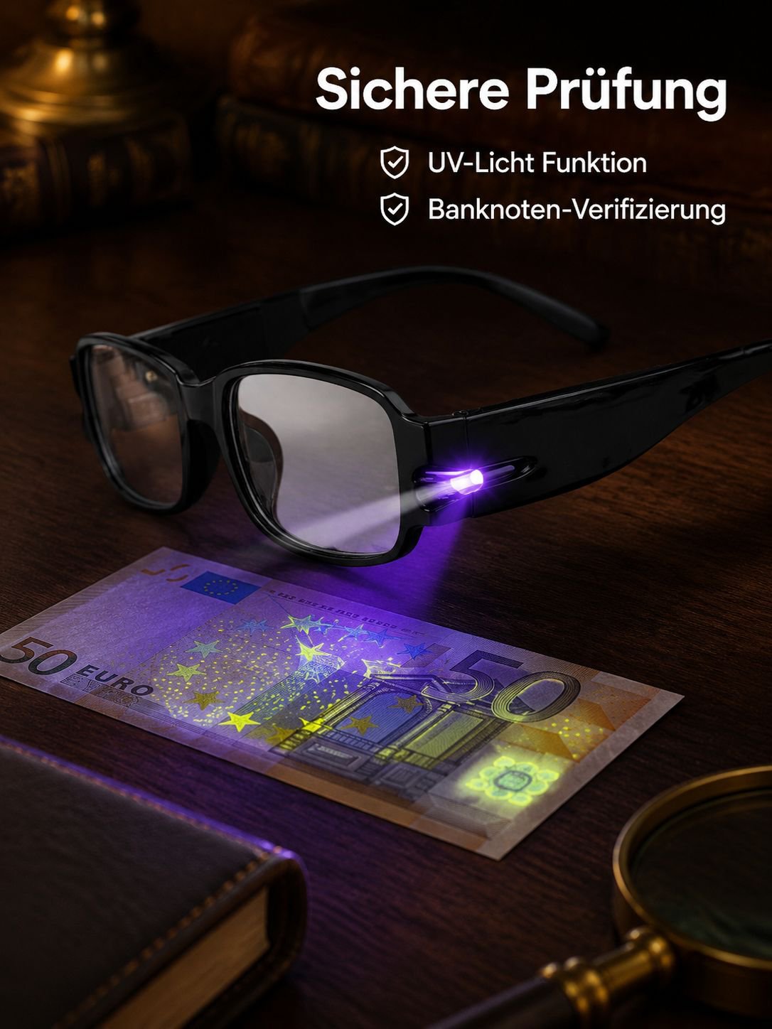 Night Vision LED Magnifying Glasses with UV Protection and Banknote Verification Function for Optica