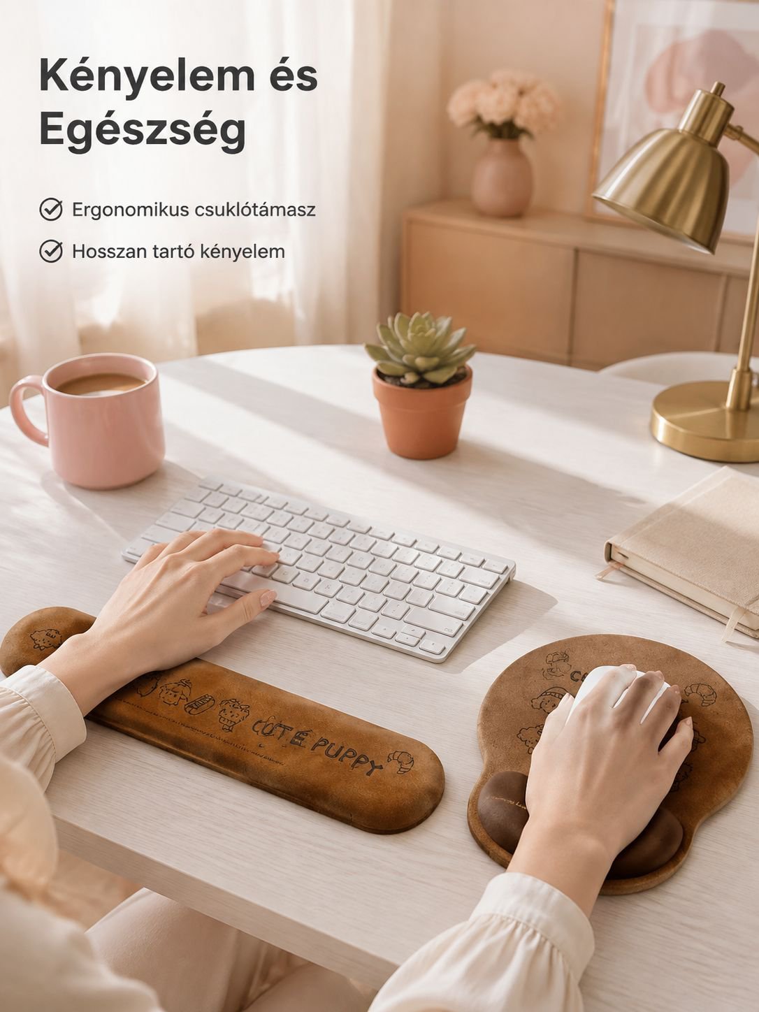 Aranyos kutyás csuklótámaszos egérpad, billentyűzet alátéttel, női asztali védőpad