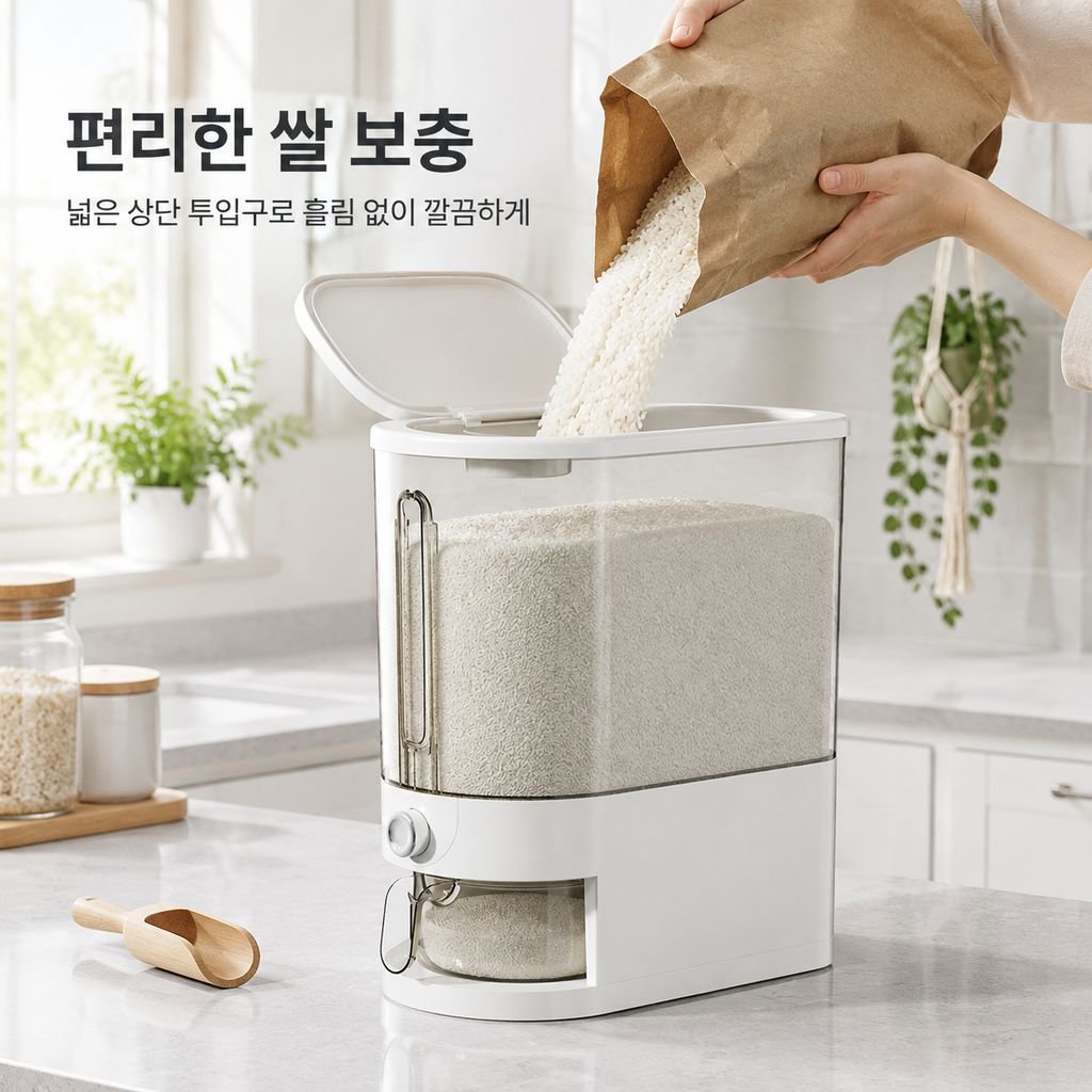 뚜껑을 닫아 곡물을 보관하는 밀폐 쌀통