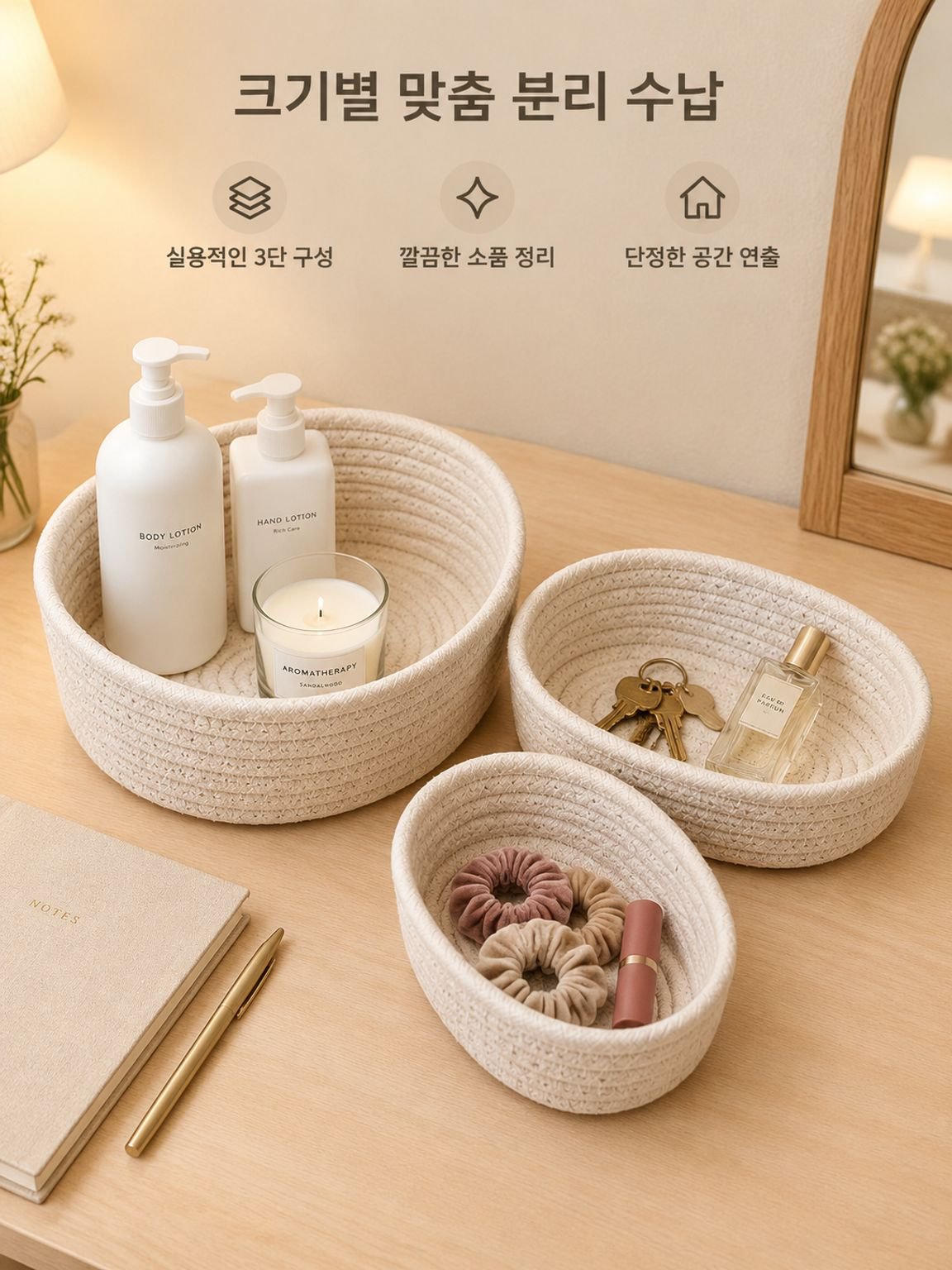 면 로프 짜임 수납 바구니