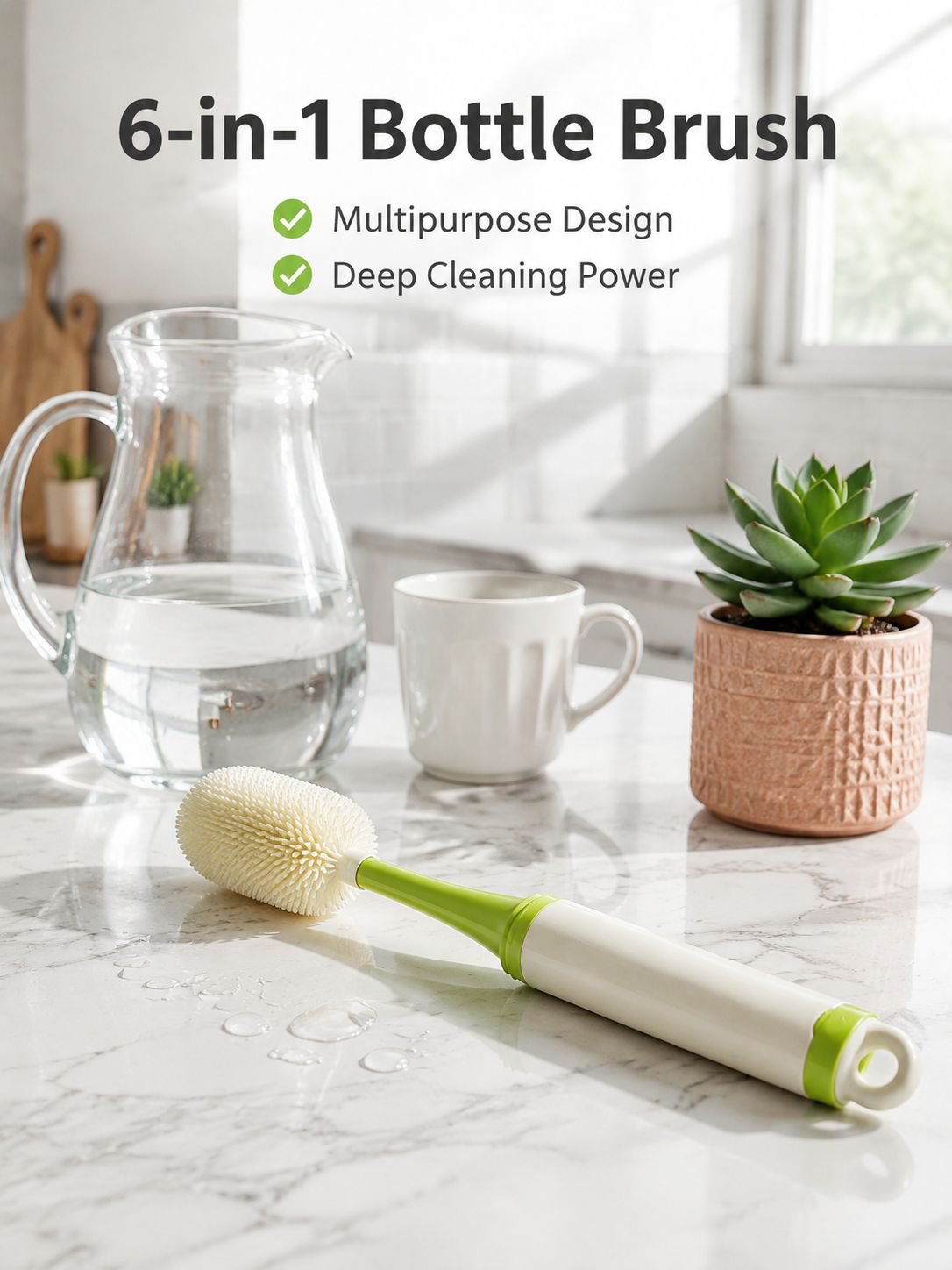 6-in-1 Multipurpose Bottle Brush with Long Handle, Suitable for Bottles, Cups, and Thermos