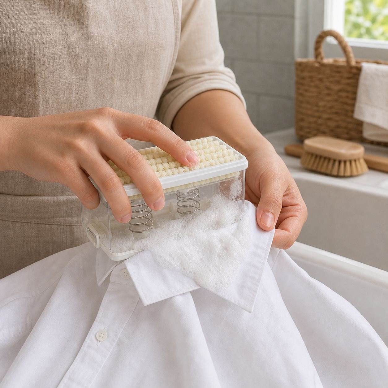 No-hand-wash soap foaming box with brush on bathroom counter