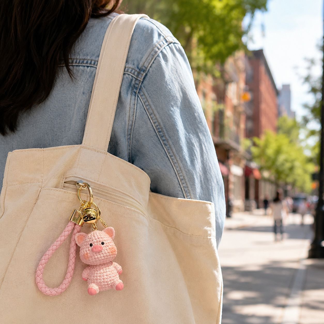 Piggy keychain hanging from purse zipper