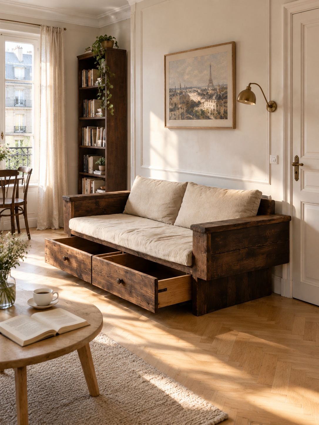 Massivholzsofa im Wabi-Sabi-Stil mit Antik-Finish und Schubladen-Stauraum
