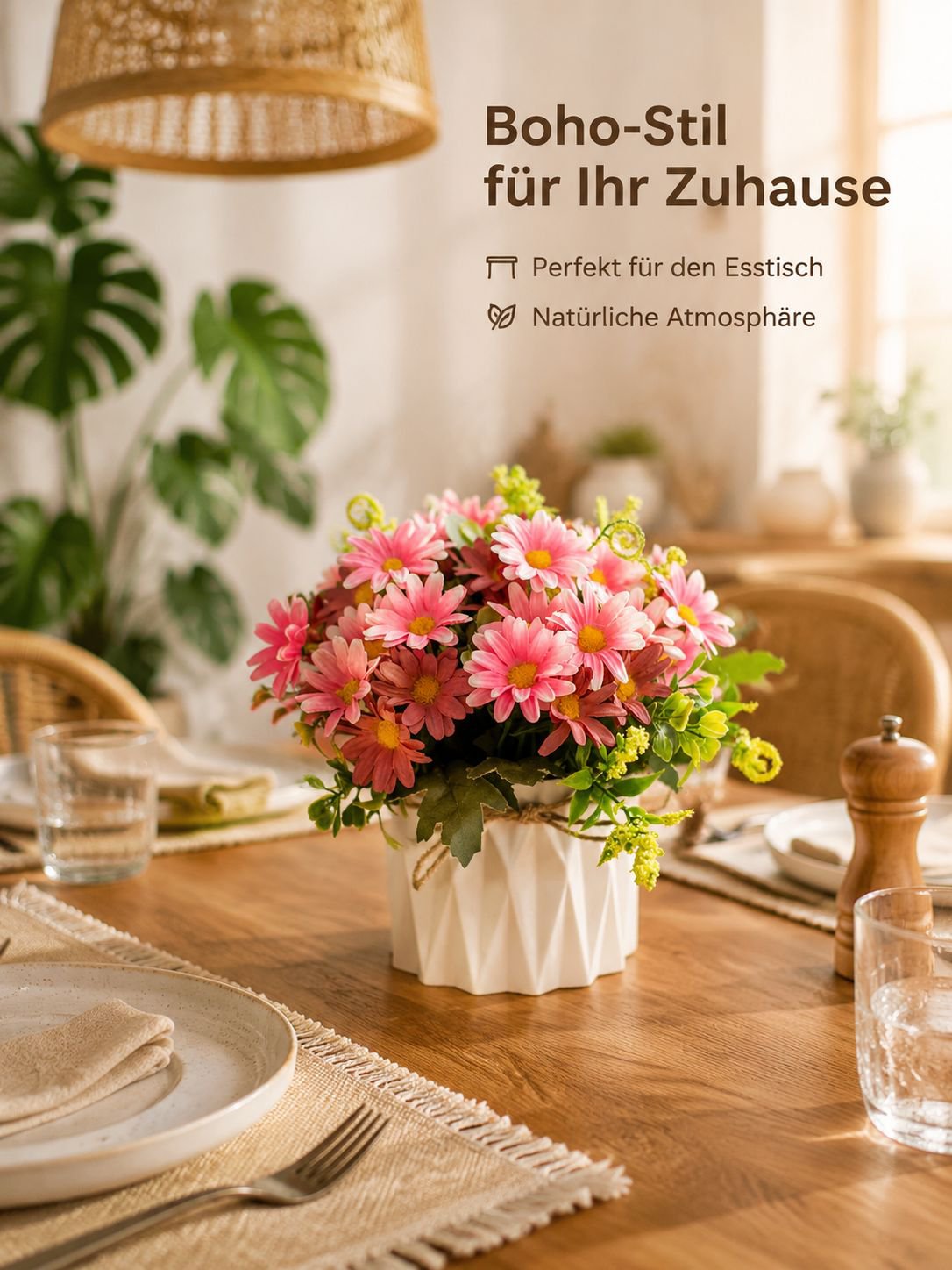 Juteseil-Deko-Vase mit künstlichen Blumen für Zuhause