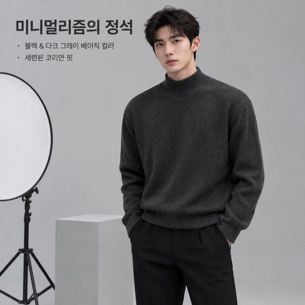남성 가을 겨울 반목 하프넥 슬림핏 도톰 니트 이너 티셔츠