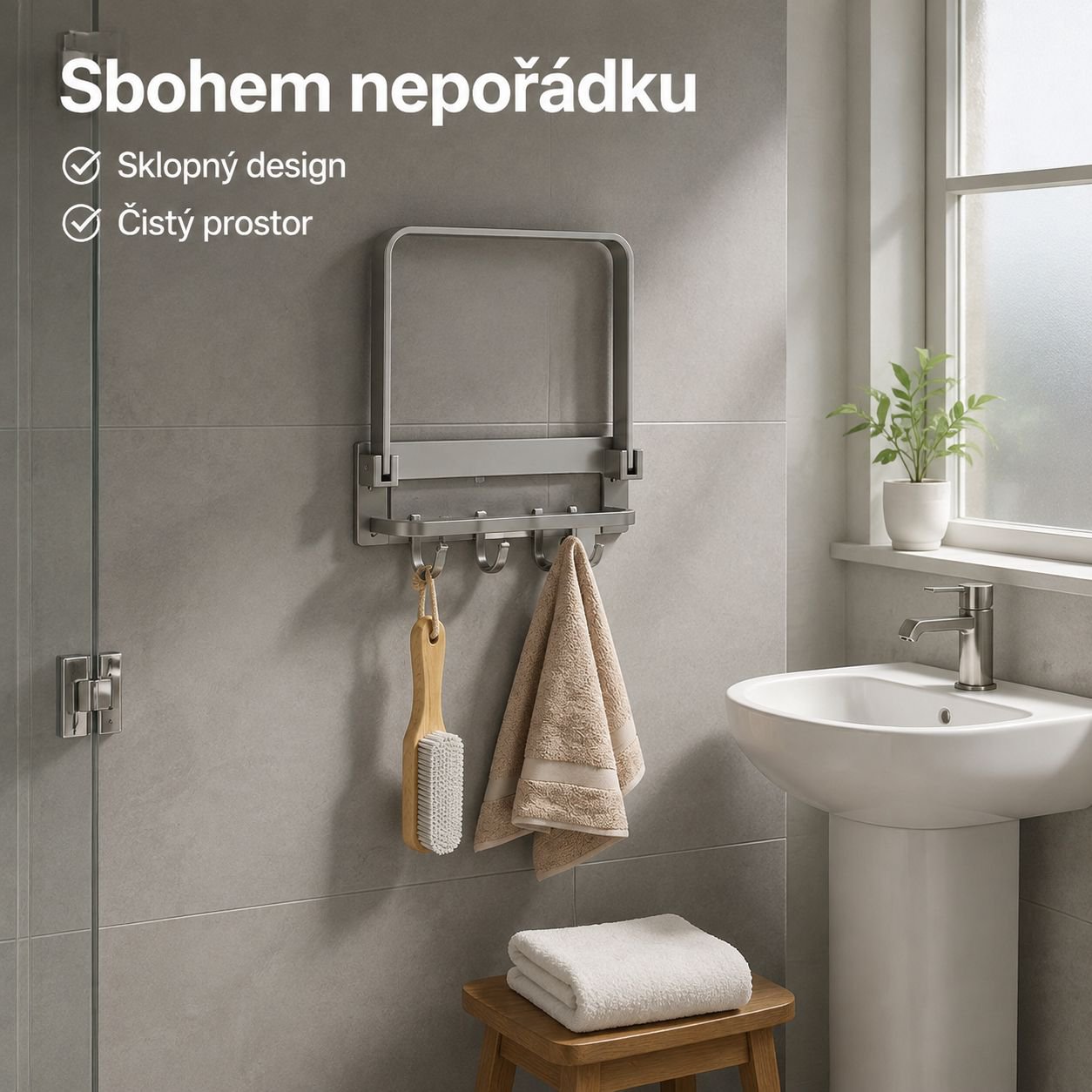 Skládací držák na umyvadlo do koupelny, montáž bez vrtání