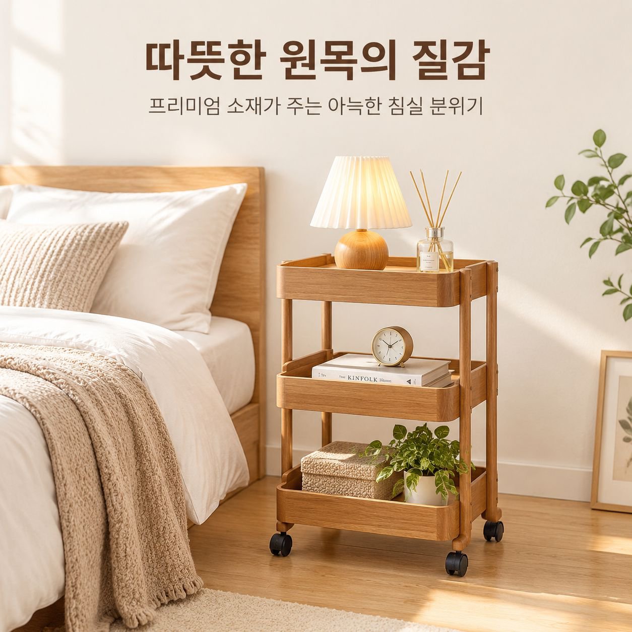 레트로 원목 이동식 트롤리 침대 옆 수납 선반 소파 사이드 테이블