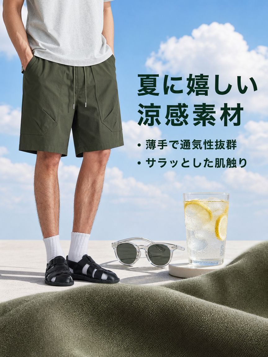 メンズ夏用薄手ゆったり五分丈大きなポケット付きカジュアルハーフパンツ
