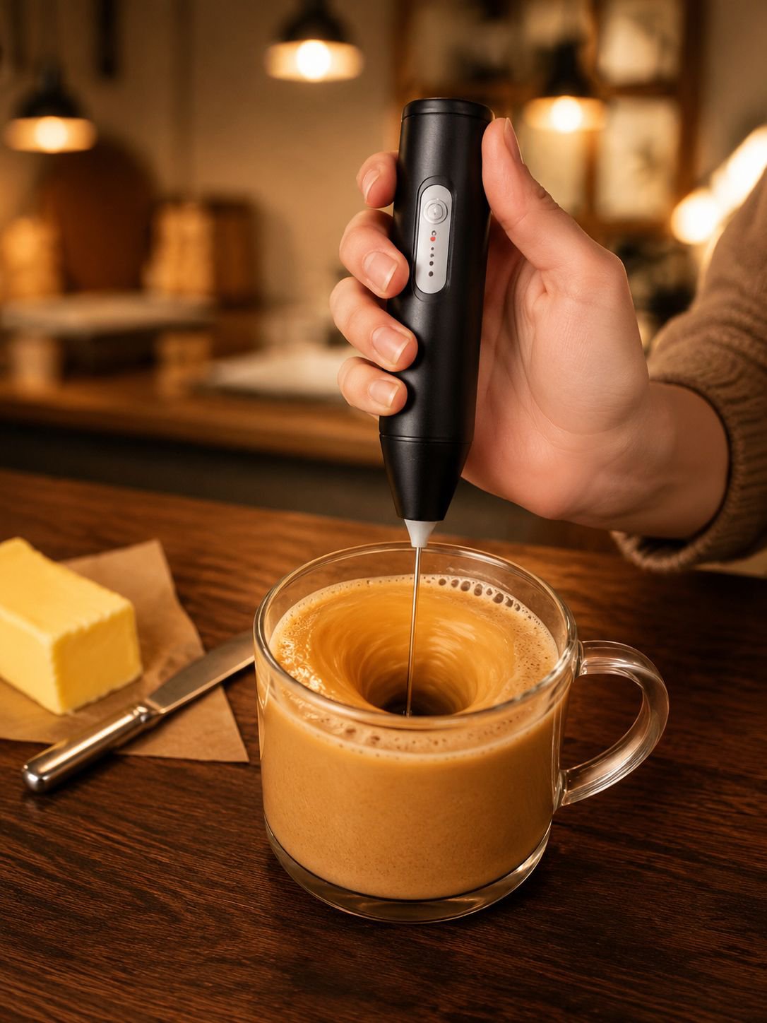 Handheld milk frother with stainless steel whisk attachment