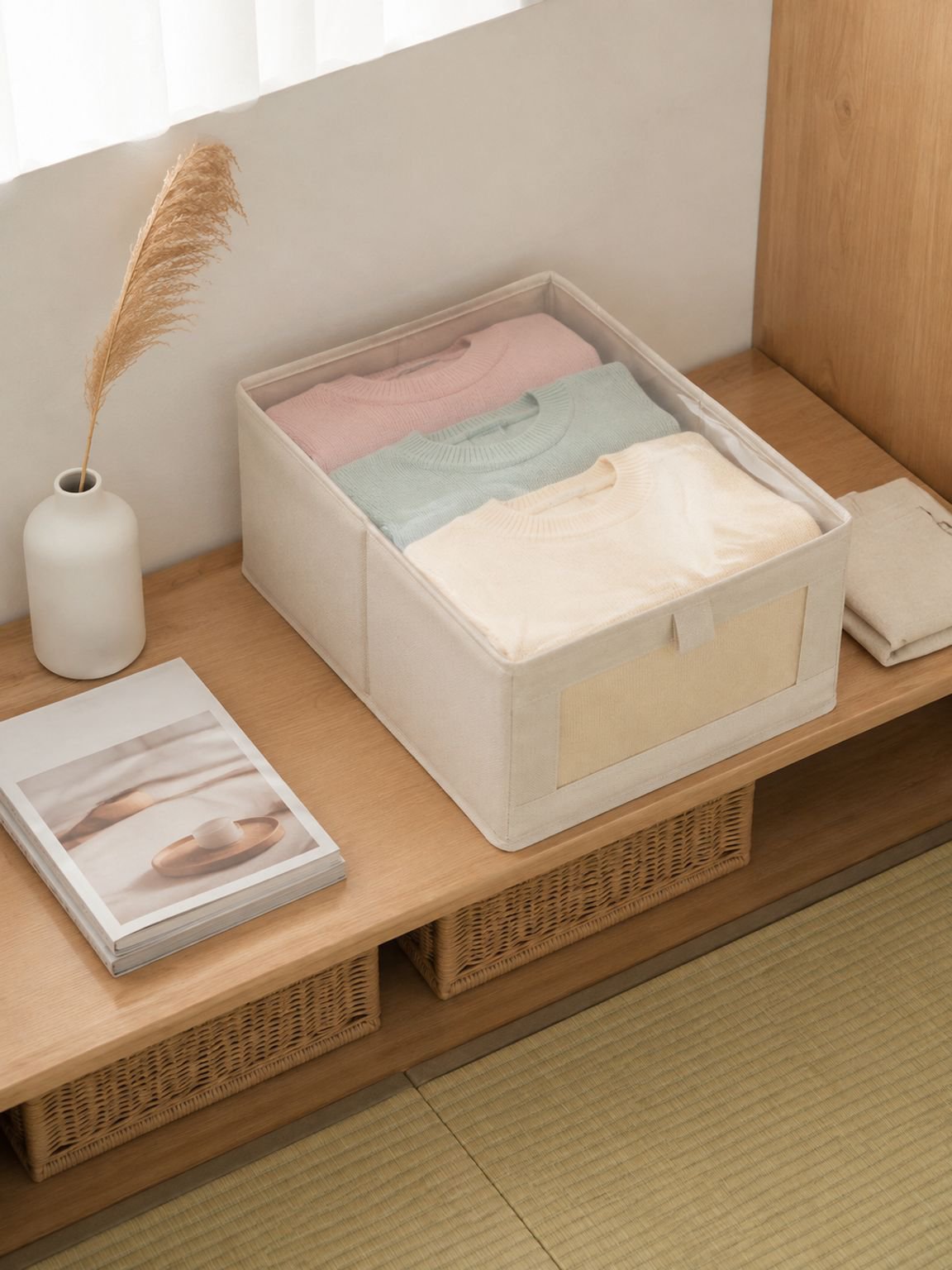Caja plegable de algodón y lino con asas resistentes