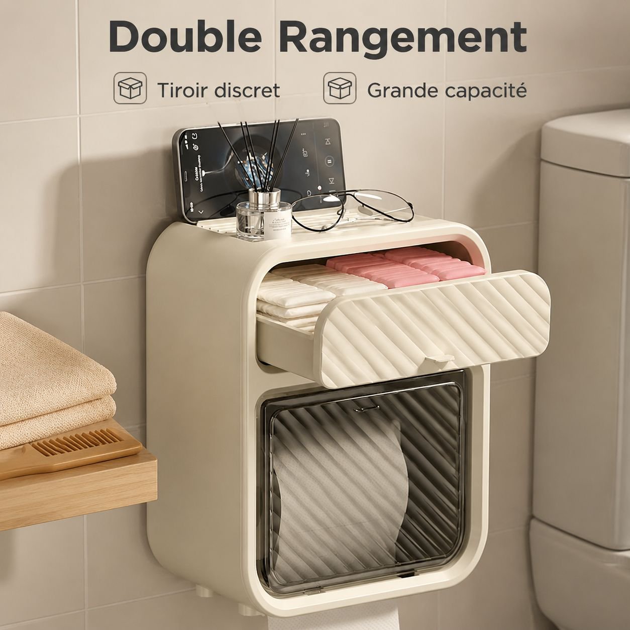 Étagère murale avec porte-rouleau pour toilettes