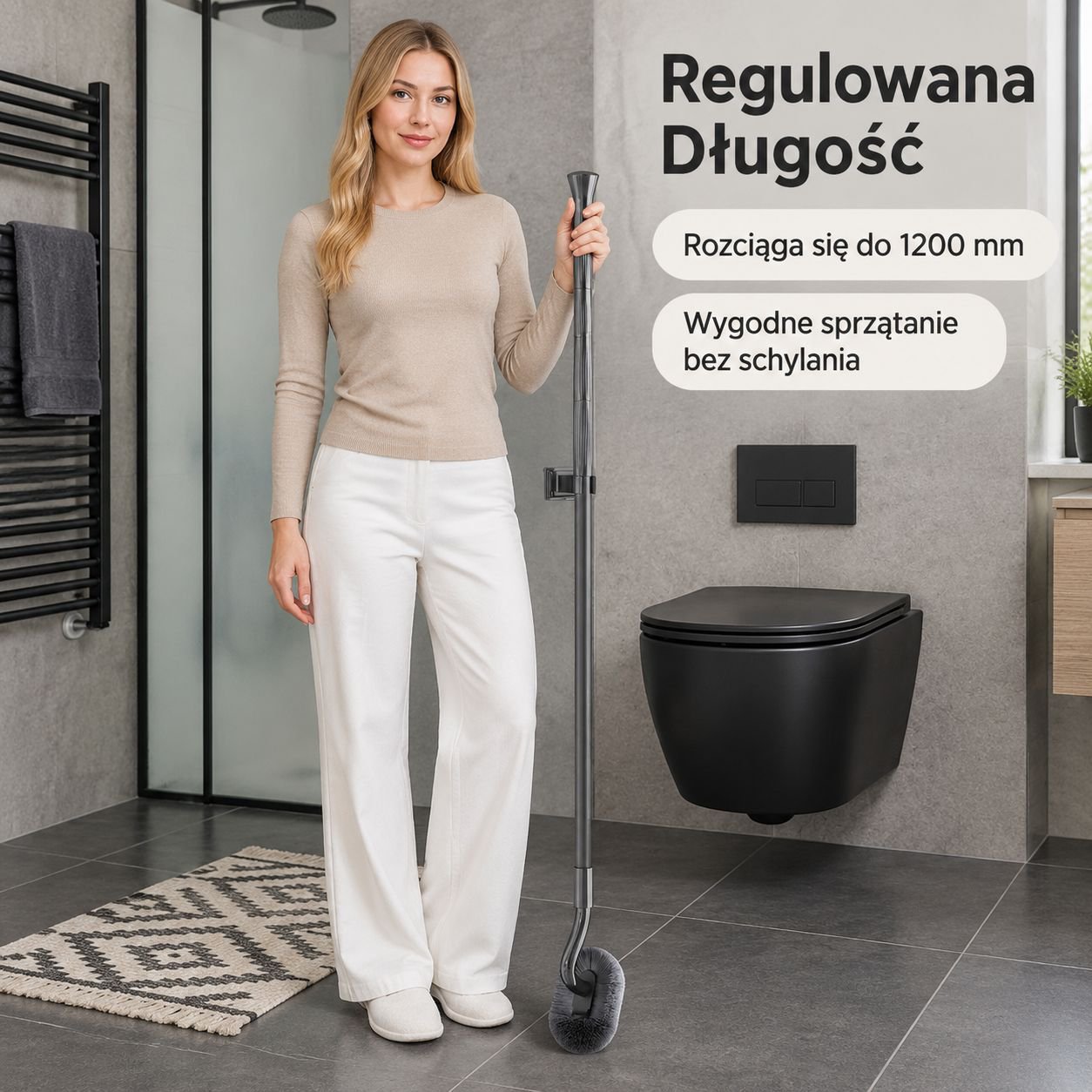 Szczotka toaletowa ścienna w kształcie litery S, z regulowaną długością