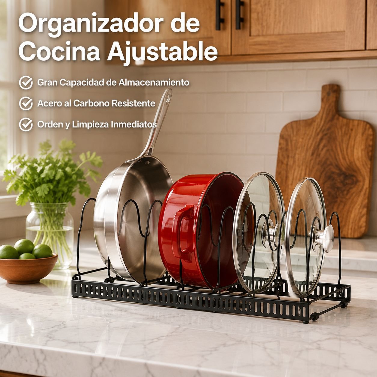 Estante organizador ajustable para sartenes y tapas, multifuncional