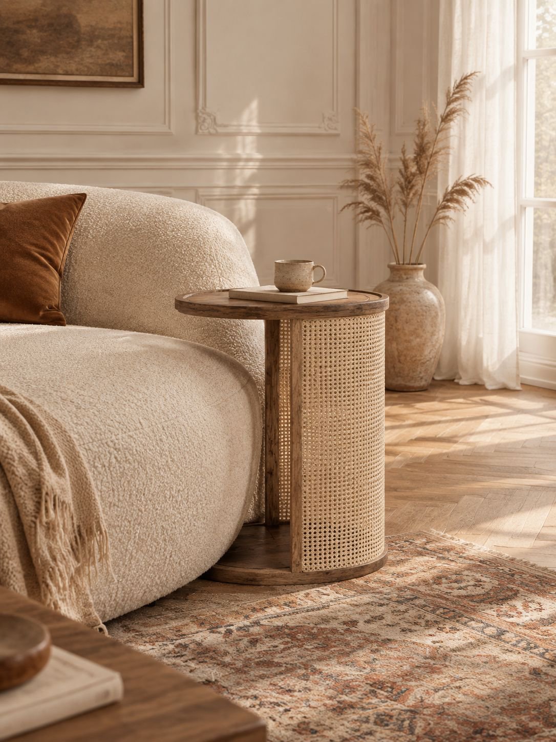 Table d’appoint ronde avec étagère à côté d’un canapé moderne