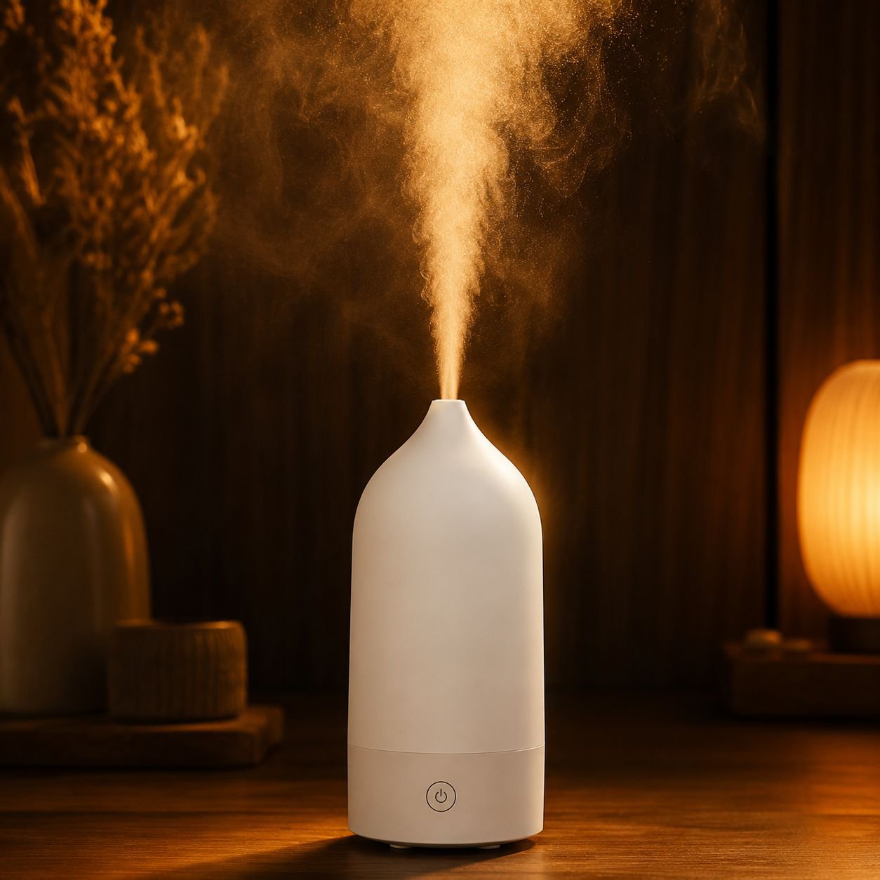 Bedroom decorated with modern vase-shaped diffuser lamp