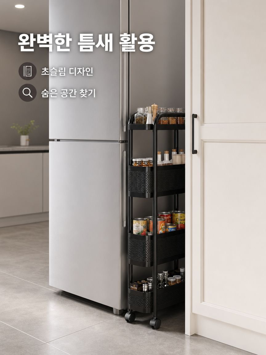 선반 틈새 주방 다용도 냉장고 틈새 수납장 야채 바구니 좁은 화장실 이동 카트