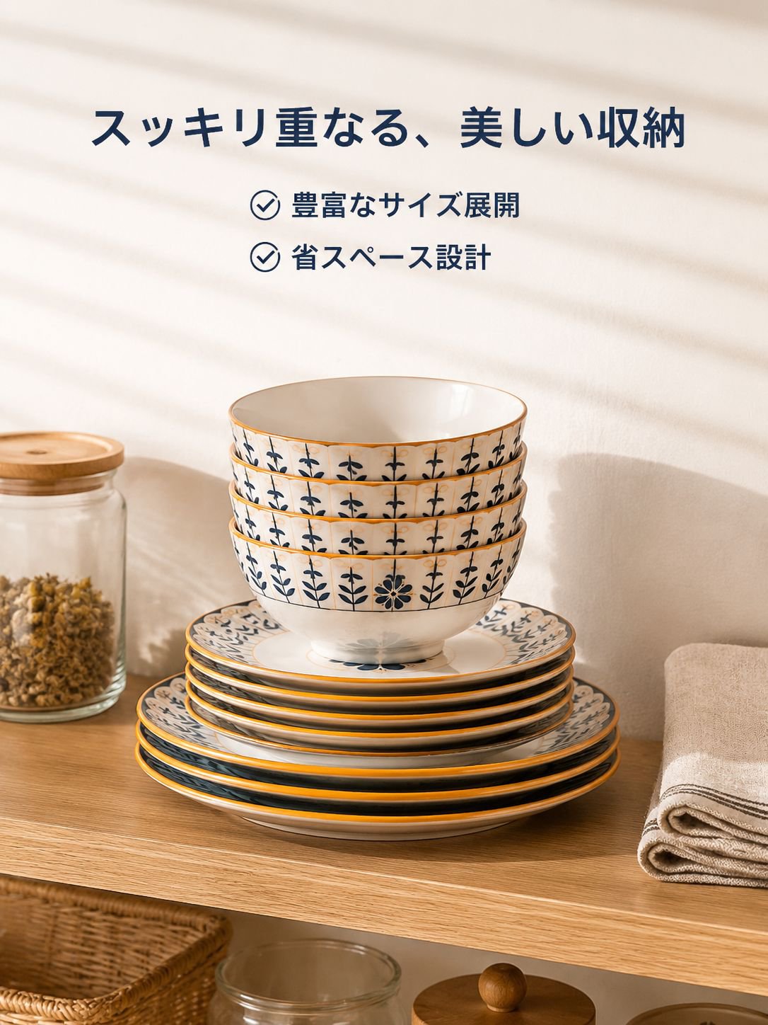 陶器製の模様入りボウルと皿